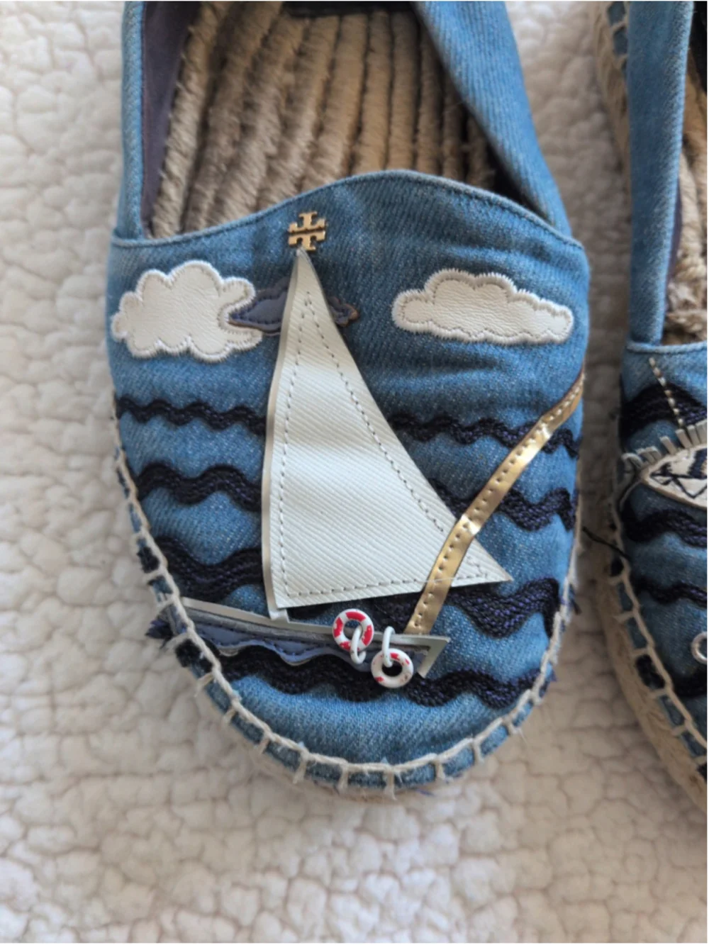Tory Burch seaside nautical denim coastal fish resortwear espadrilles sandals